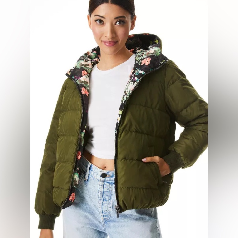 Alice + Olivia Durham Reversible Hooded Puffer Olive Green + Floral Puffer Coat